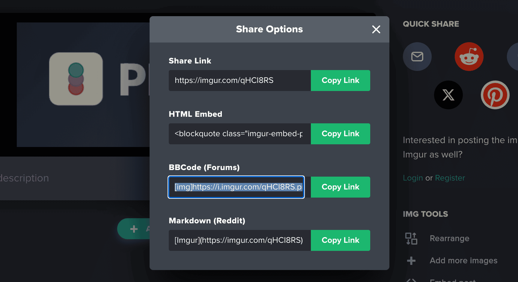 Imgur share options